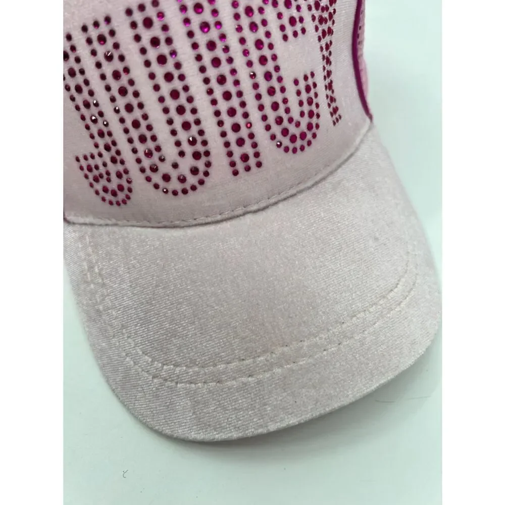 Juicy Couture Kid’s Baseball Cap Pink Velour with Jeweled Logo Trucker Mesh